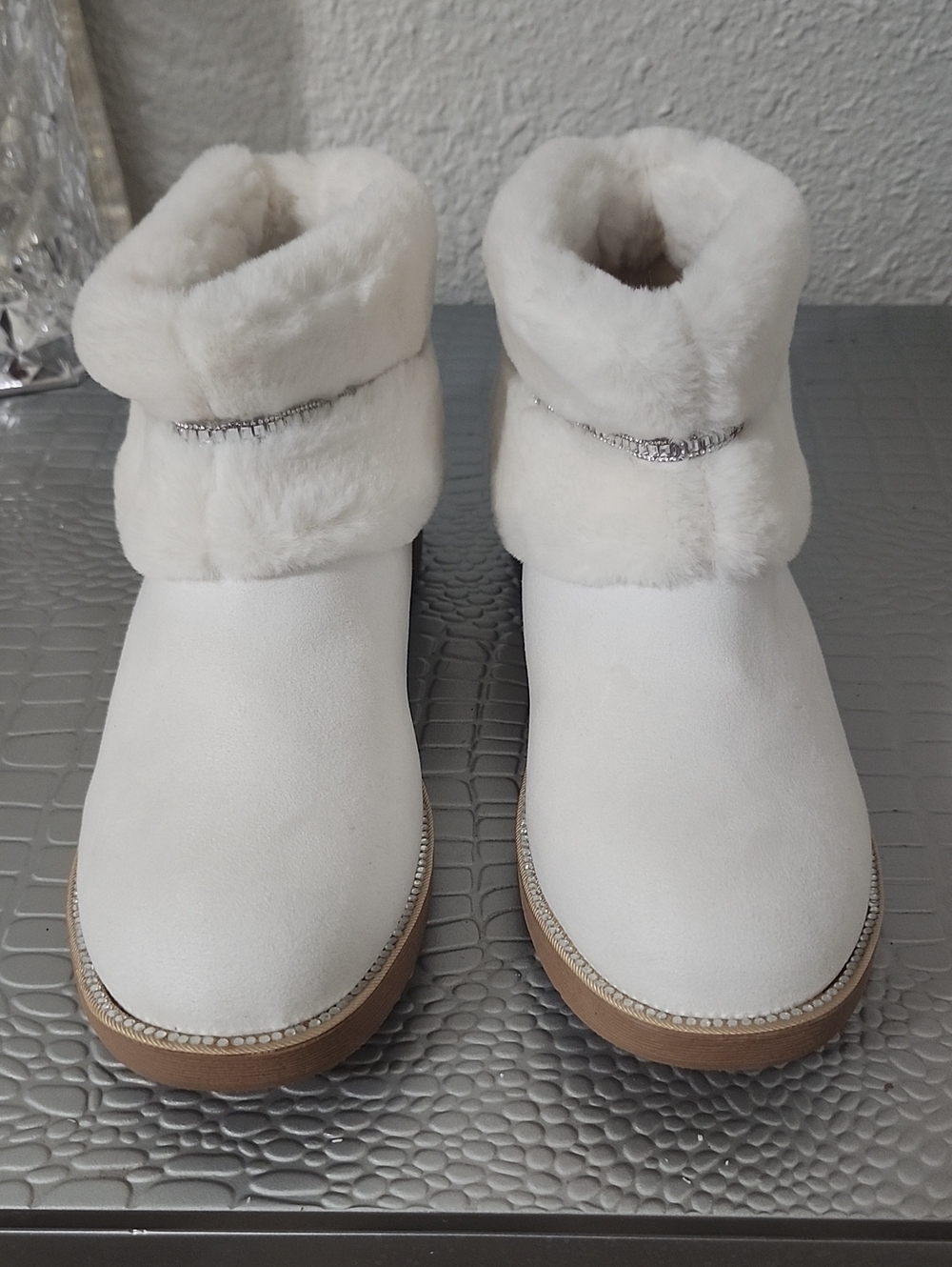 bebe White Faux-Fur Ankle Booties with Rhinestone Trim